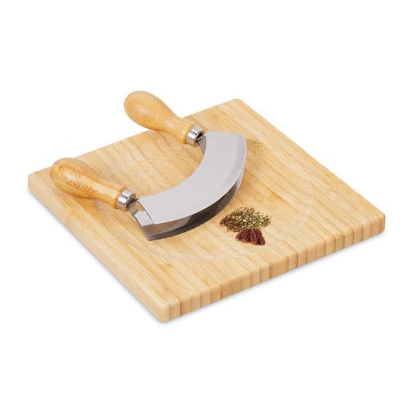 Relaxdays Hachoir berceuse med skärbräda, bambu & rostfritt stål, kniv med dubbelblad, 20x20 cm, natur - silverfärgad