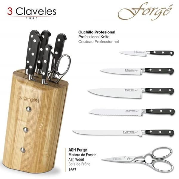 3 claveles 01667 - KVM-OMSKIFTARE - 3 Claveles Ash Forgé Set om 5 Knivar och Saxar med Block i Askträ