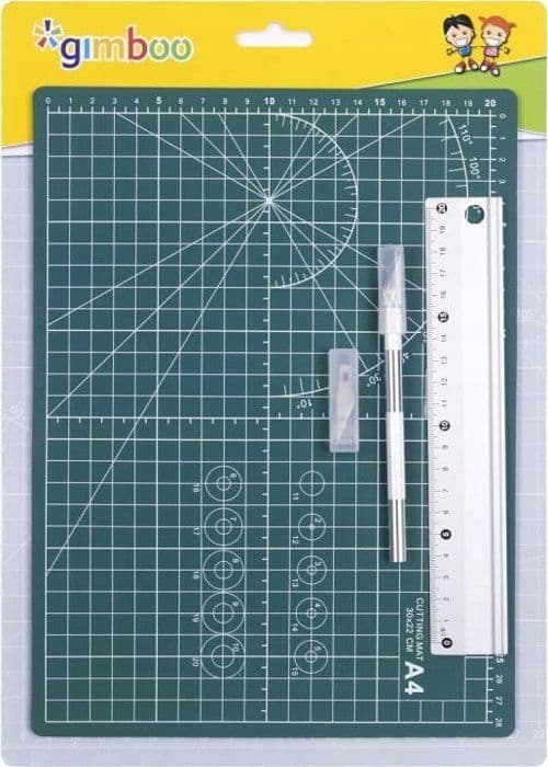 Skärset Gimboo - 19163321-99 - skärmatta, A4, aluminiumlinjal 20cm, kniv, blad, grön