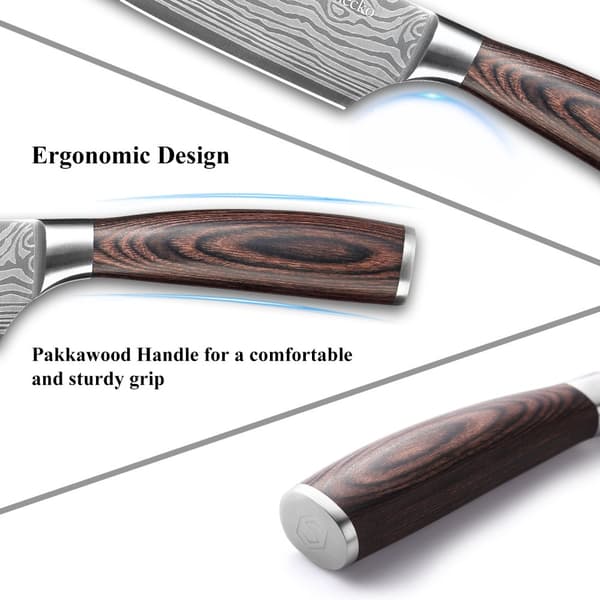 Damaskus mønster kokkekniv, ultra skarp kulstofstålblad, ergonomisk Pakkawood håndtag, miljøvenligt design.