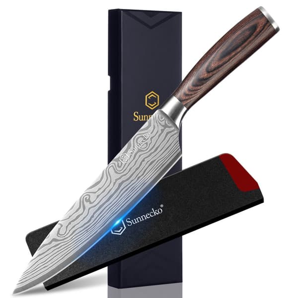 Damaskus mønster kokkekniv, ultra skarp kulstofstålblad, ergonomisk Pakkawood håndtag, miljøvenligt design.
