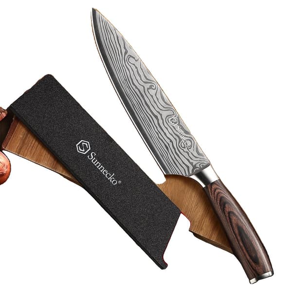 Damaskus mønster kokkekniv, ultra skarp kulstofstålblad, ergonomisk Pakkawood håndtag, miljøvenligt design.