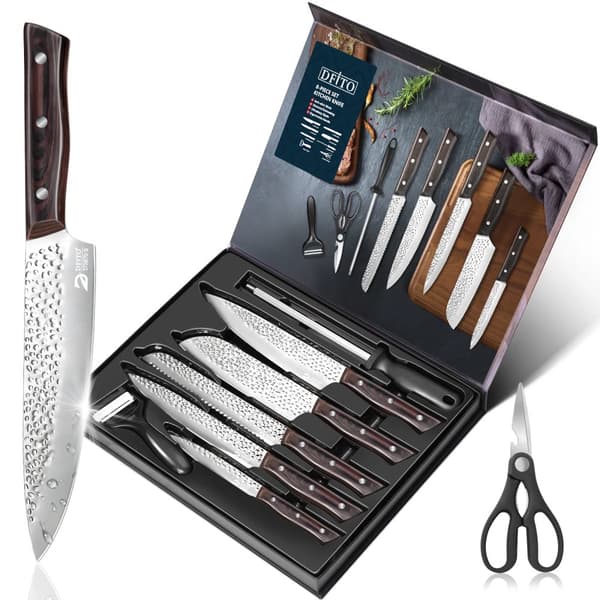 8-delars köksknivset, hållbara blad i rostfritt stål, ergonomiska trähandtag,8st