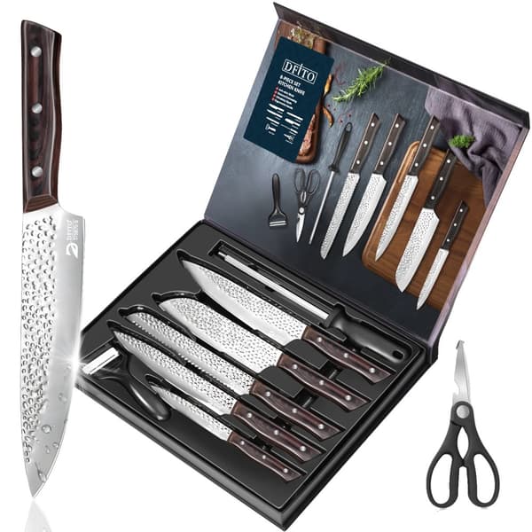 8-delars köksknivset, hållbara blad i rostfritt stål, ergonomiska trähandtag,8st
