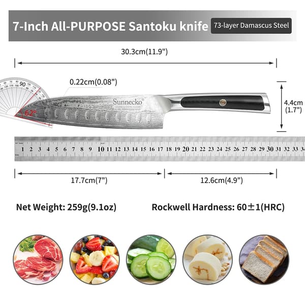 Sunnecko Keittiöveitsisarja, 73-kerroksinen Damaskoteräs, Ergonominen Kahvasuunnittelu,7 tuuman Santoku-veitsi