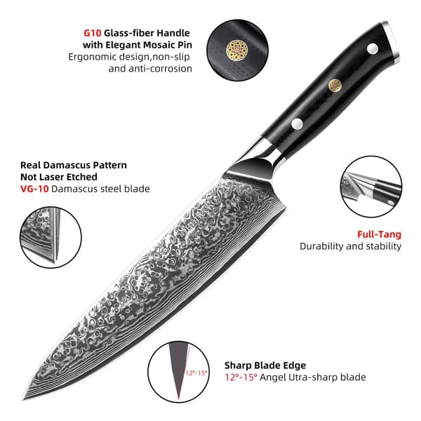 Kokkekniv, VG10 Damascus stålblad, ergonomisk G10 håndtag, fremragende skarphed