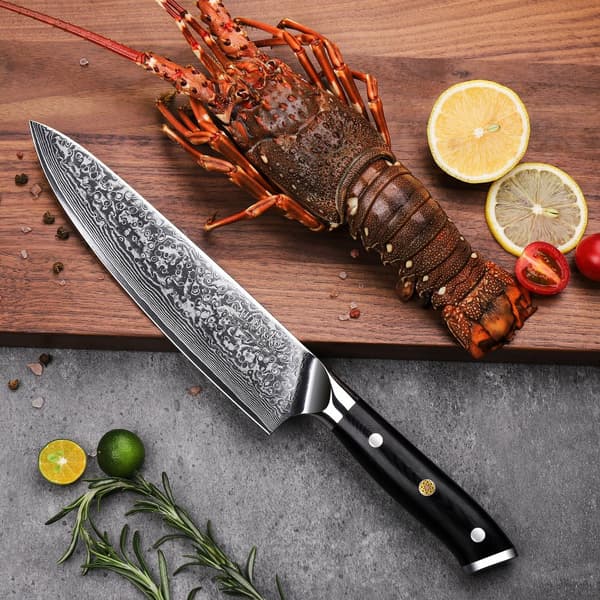 Kokkekniv, VG10 Damascus stålblad, ergonomisk G10 håndtag, fremragende skarphed