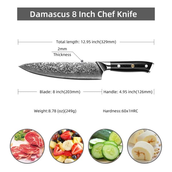 Kokkekniv, VG10 Damascus stålblad, ergonomisk G10 håndtag, fremragende skarphed