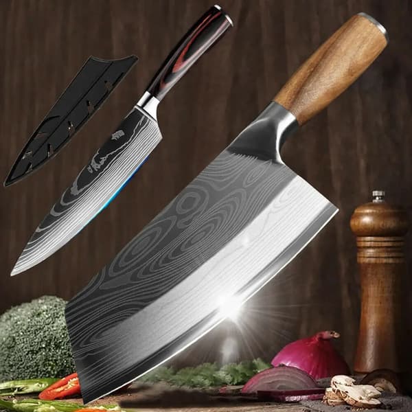 Japansk Damascus Kokkekniv, Ergonomisk Træhåndtag, Ultra-Skarp Klinge,2 stk sæt