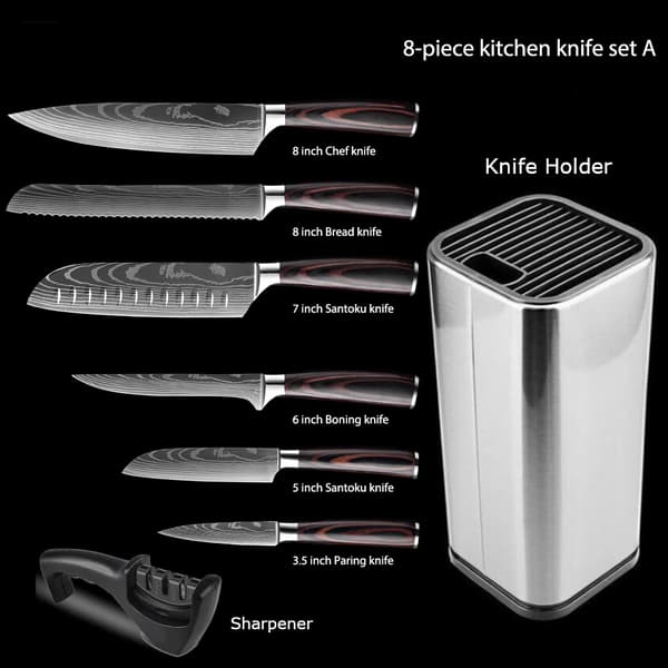 Kockknivset, blad av högkvalitativt rostfritt stål, ergonomiskt handtag i Pakka-trä,8 delar hållare set