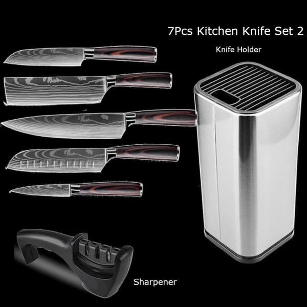 Kokkekniv Sæt, Højkulstof Rustfrit Stål Blade, Ergonomisk Pakka Træ Håndtag,7 stk. holder sæt