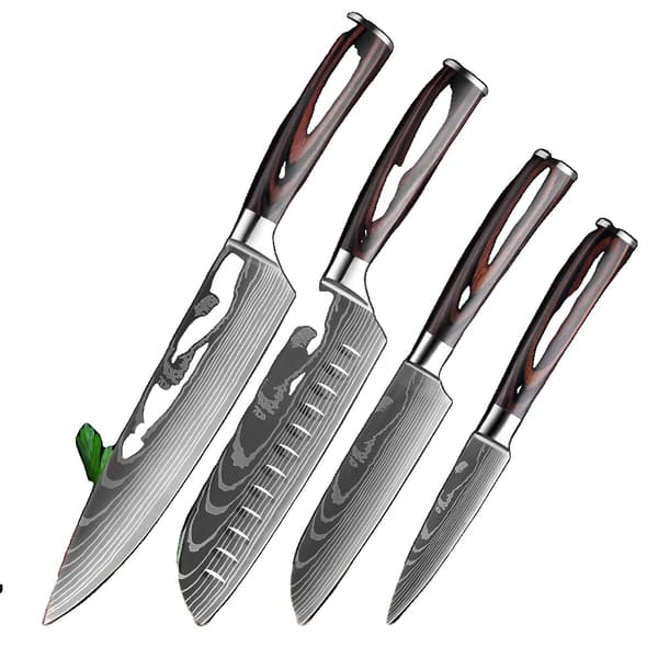 Japanskt köksknivset, 7CR17 högkvalitativt kolstål, ergonomiskt Pakka-trähandtag,ADEF 4DELARS SET