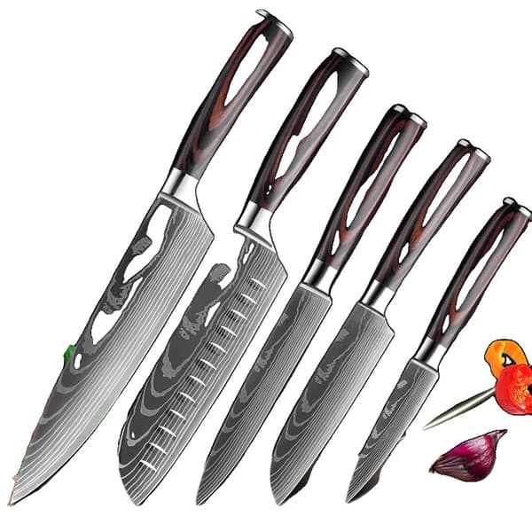 Japanskt köksknivset, 7CR17 högkvalitativt kolstål, ergonomiskt Pakka-trähandtag,ADEFI 5 DELAR SET