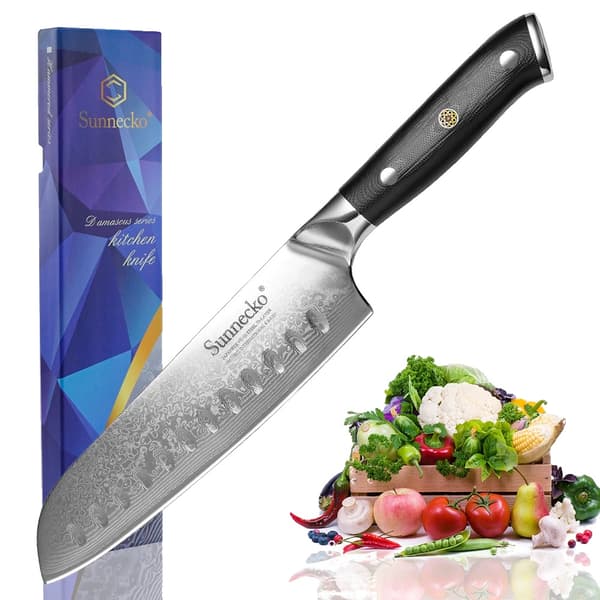 7" Santoku Kniv, Japansk VG10 Stål, Ergonomisk G10 Håndtag, Raserskarp Damaskus Klinge