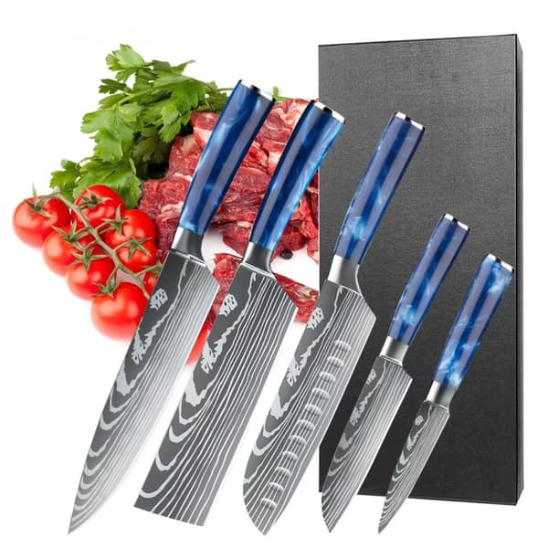 Blå Harpiks Handtag Kökkniv Set, Kolstålblad, Halkfri Grepp,5st