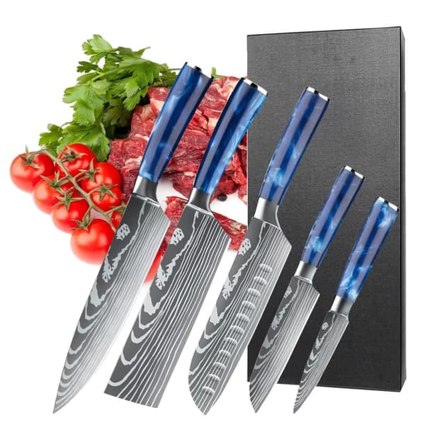 Blå Harpiks Handtag Kökkniv Set, Kolstålblad, Halkfri Grepp,5st