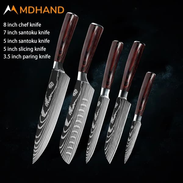 Keittiöveitsisarja, premium ruostumattomasta teräksestä valmistetut terät, ergonomiset puukahvat,5PCS SET 02