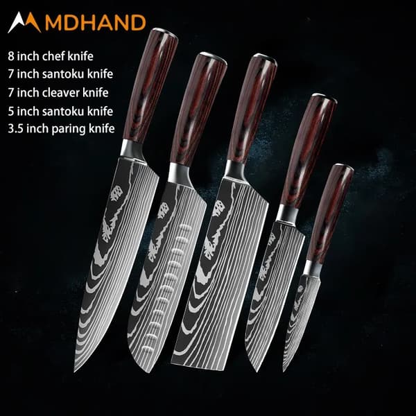 Køkkenknivssæt, premium rustfrit stålblade, ergonomiske træhåndtag,5PCS SÆT 01