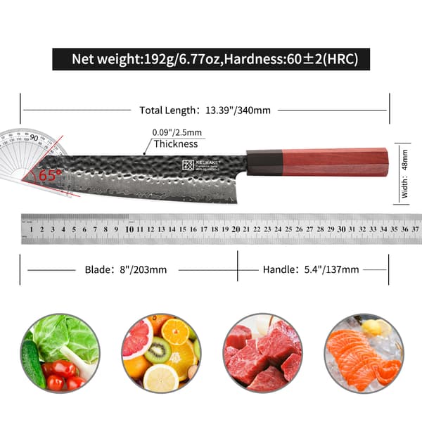 KEEMAKE Kiritsuke-veitsi, korkean hiilipitoisuuden damaskusterä, ergonominen ruusupuiset kahva,8 tuumaa
