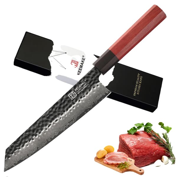 KEEMAKE Kiritsuke-veitsi, korkean hiilipitoisuuden damaskusterä, ergonominen ruusupuiset kahva,8 tuumaa