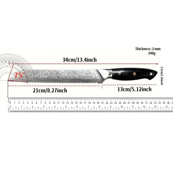Damaskus Stål Kokkekniv, Ergonomisk G10 Håndtag, Præcisionsskæringsvinkel,4.72 tommer, Brødknive