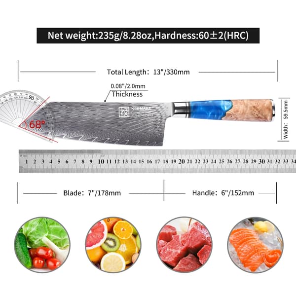 Damaskuskockkniv, 8" bladlängd, HRC60±2 hårdhet,7 Tum Nakiri Kniv