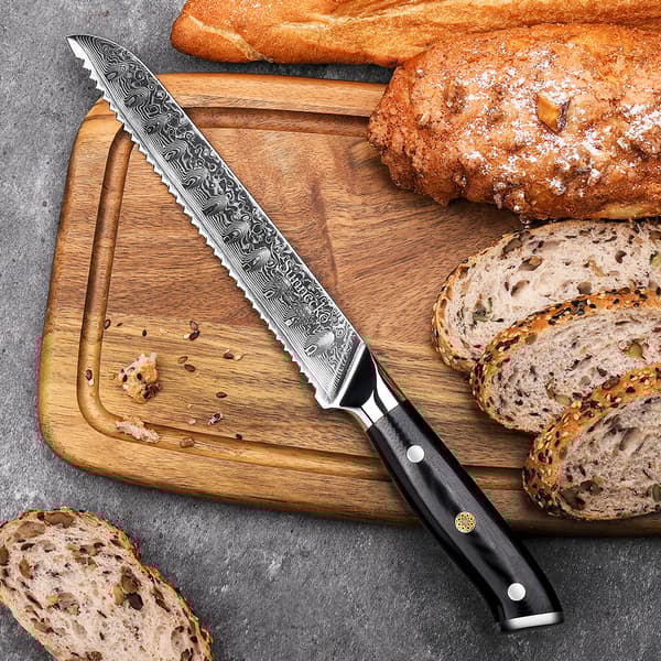 Brödkniv, Skarp Damaskusstålblad, Ergonomiskt Handtag,8 tum