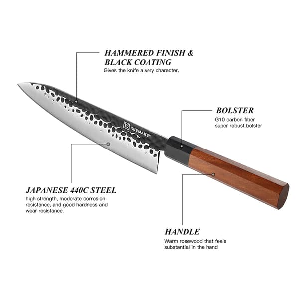 KEEMAKE Kokkekniv, Højkulstofstålblad, Ergonomisk Træhåndtag,8 tommer