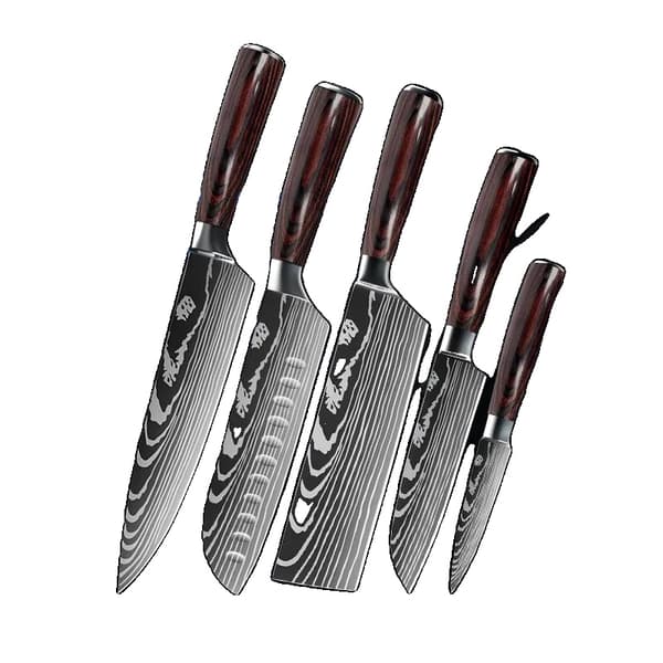 Køkkenkniv Sæt, 7CR17 Rustfrit Stål, Laser Damascus Design,5stk.SÆT 01