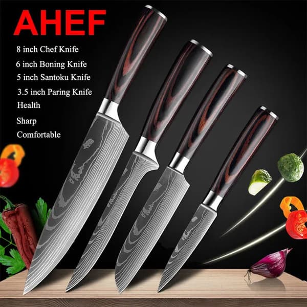 Keittiöveitsisarja, Laser Damaskus-kuviointi, Japanilainen Santoku-veitsi, 4 kpl arvopakkaus 01