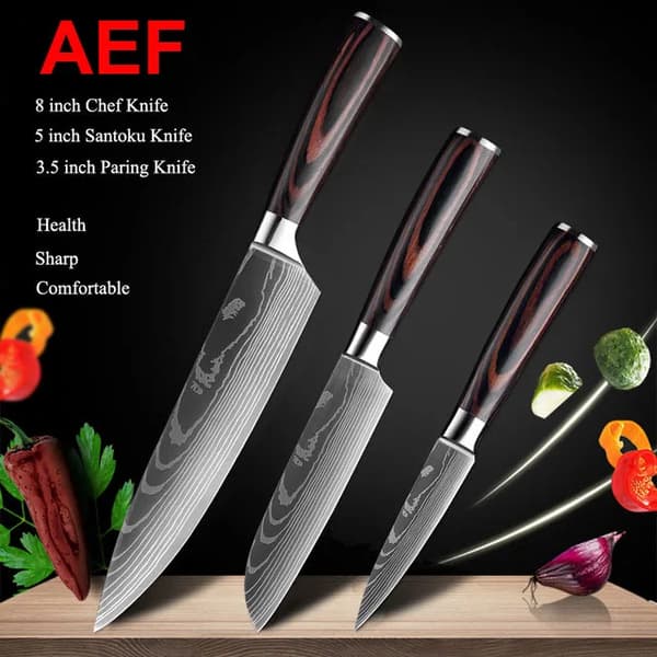 Keittiöveitsisarja, Laser Damaskus-kuviointi, Japanilainen Santoku-veitsi, 3 kpl arvopakkaus 02