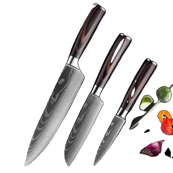Keittiöveitsisarja, Laser Damaskus-kuviointi, Japanilainen Santoku-veitsi, 3 kpl arvopakkaus 02