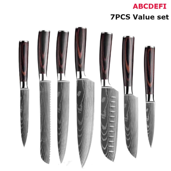 Køkkenknivsæt, Laser Damaskusmønster, Japansk Santoku-kniv, 7 PCS Værdi sæt 01