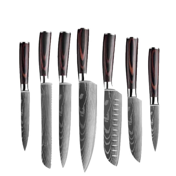 Køkkenknivsæt, Laser Damaskusmønster, Japansk Santoku-kniv, 7 PCS Værdi sæt 01