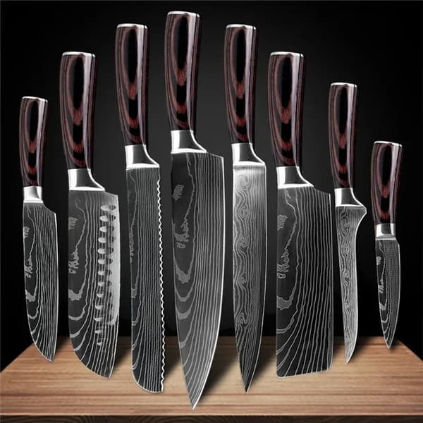 Keittiöveitsisarja, Laser Damaskus-kuviointi, Japanilainen Santoku-veitsi, 8 kpl arvopaketti