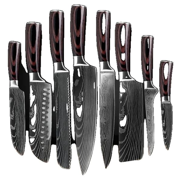 Keittiöveitsisarja, Laser Damaskus-kuviointi, Japanilainen Santoku-veitsi, 8 kpl arvopaketti