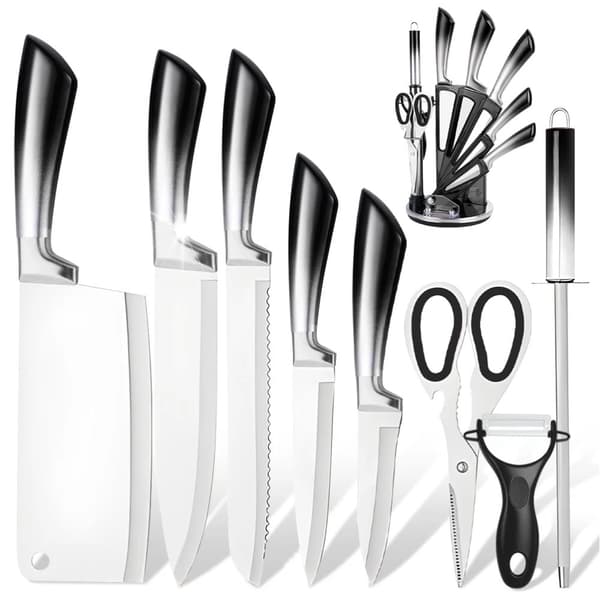 Køkkenknivssæt, Rustfrit Stål, Ergonomiske Håndtag, 9-Delt Opbevaringsholder,Blå