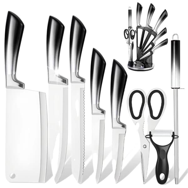 Køkkenknivssæt, Rustfrit Stål, Ergonomiske Håndtag, 9-Delt Opbevaringsholder,Blå