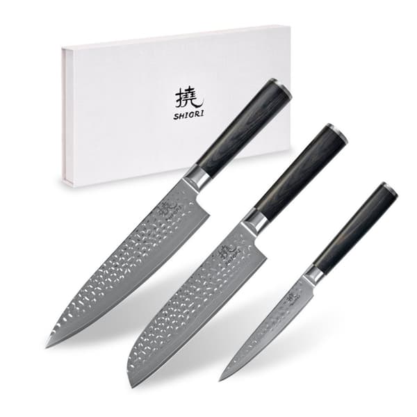 Shiori 3-setti 撓 Kuri Murō + Santoku + Sifu - kolmen Damaskoksen teräsveitsen sarja