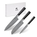 Pikkukuva 1 / 9: Shiori 3-setti 撓 Kuri Murō + Santoku + Sifu - kolmen Damaskoksen teräsveitsen sarja