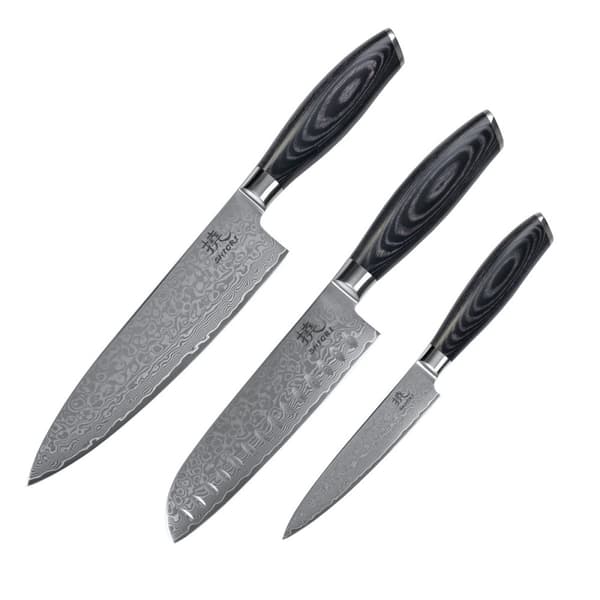 Shiori 3-setti 撓 Kuro Murō + Santoku + Sifu - kolmen damaskoksen teräsveitsen sarja