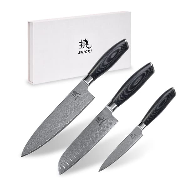 Shiori 3-setti 撓 Kuro Murō + Santoku + Sifu - kolmen damaskoksen teräsveitsen sarja