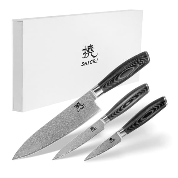 Shiori 3-sæt 撓 Kuro V2 Shōto + Murō + Sifu - sæt med tre Damaskus stålknive