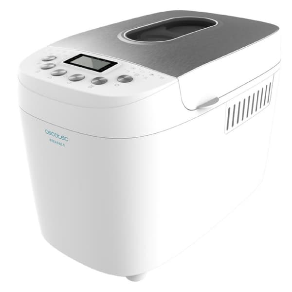 Cecotec 1.5 kg bread maker with 2 heating elements, 15 automatic programs, programmable up to 15 hours and dishwasher-safe inner pot.