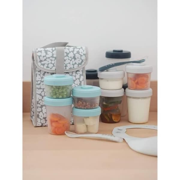 BÉABA - Lot 12 Portioner Konservering och 2 Silikon Skedar - Pack 1:a Måltid - Eucalyptus