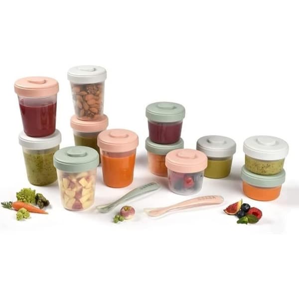BÉABA - Lot 12 Portioner Konservering och 2 Silikon Skedar - Pack 1:a Måltid - Eucalyptus