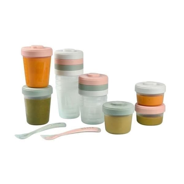 BÉABA - Lot 12 Portioner Konservering och 2 Silikon Skedar - Pack 1:a Måltid - Eucalyptus