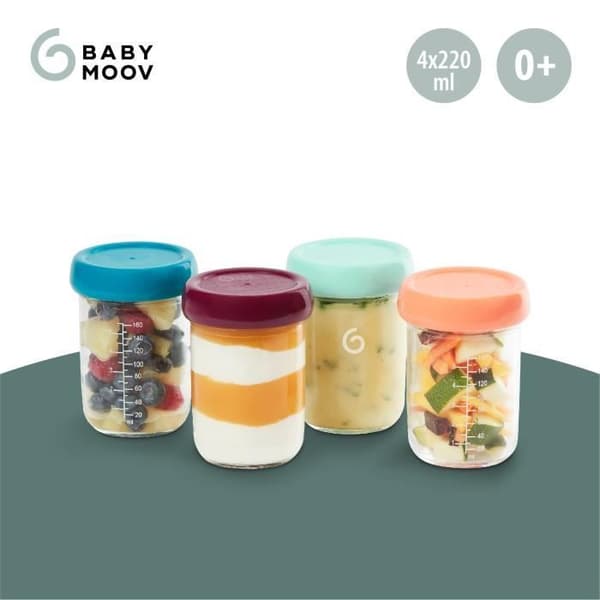 BABYMOOV Babybols set med 4 babyförvaringsburkar i glas 220ml, lufttäta och omskrivbara lock, graderad