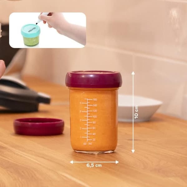 BABYMOOV Babybols set med 4 babyförvaringsburkar i glas 220ml, lufttäta och omskrivbara lock, graderad