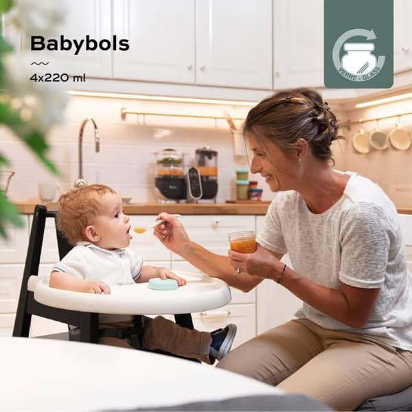 BABYMOOV Babybols set med 4 babyförvaringsburkar i glas 220ml, lufttäta och omskrivbara lock, graderad